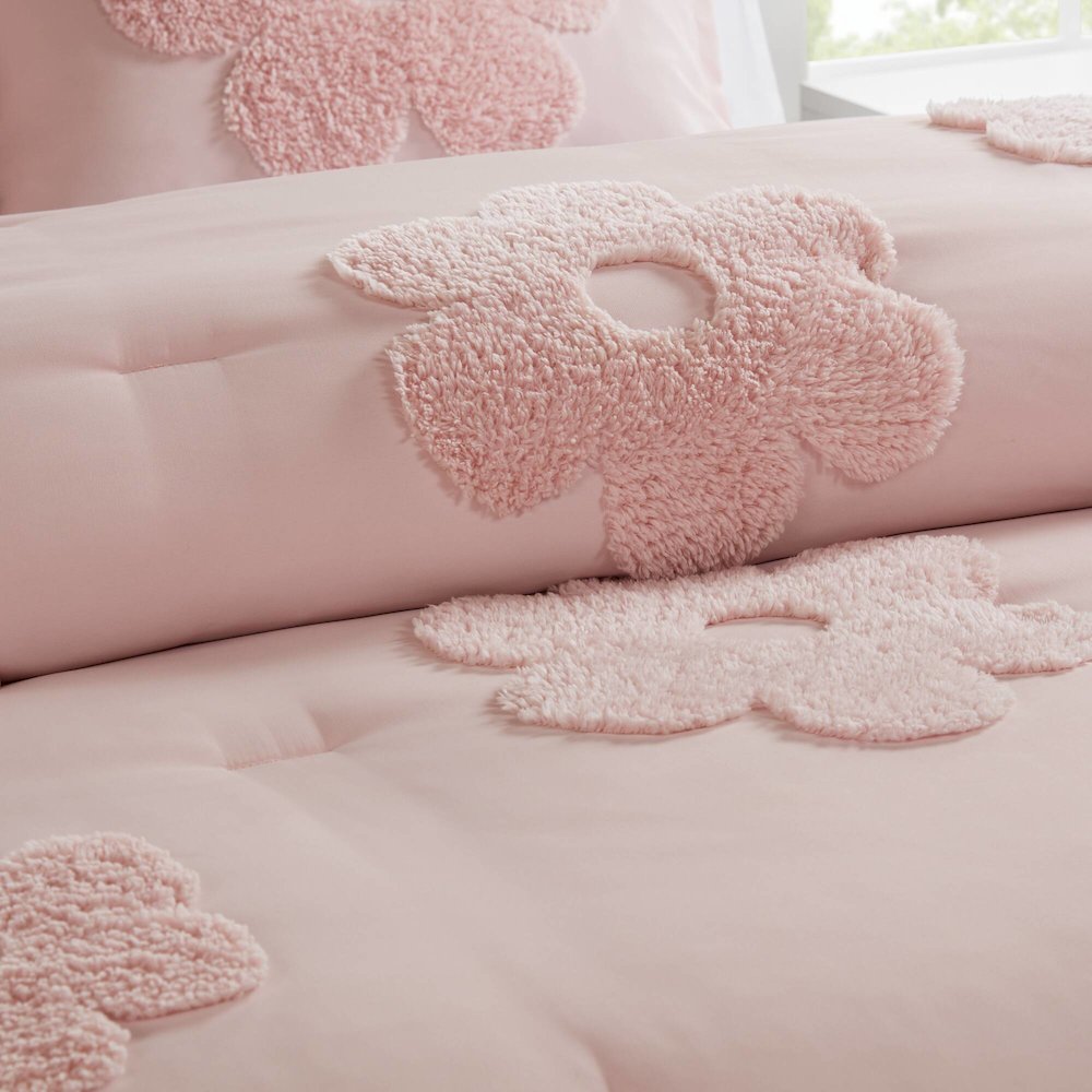 Floral Reversible Tufted Chenille Comforter Set with Flower Throw Pillow