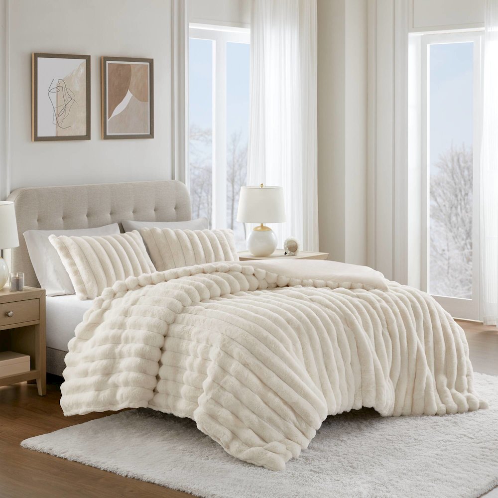 Jasmine Ultrasoft Faux Fur Ribbed Comforter Set, Ivory color