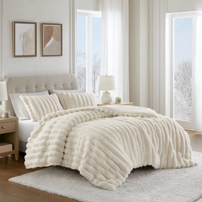 Jasmine Ultrasoft Faux Fur Ribbed Comforter Set, Ivory color