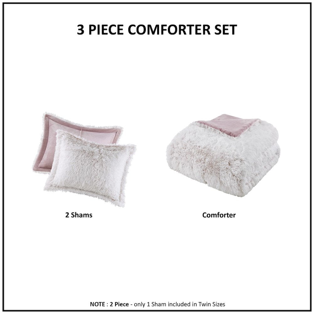 Malea Shaggy Faux Fur Comforter Mini Set in Pink/White Color