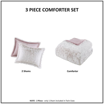 Malea Shaggy Faux Fur Comforter Mini Set in Pink/White Color