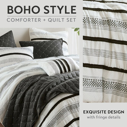 Carolina 7 Piece Stripe Comforter and Quilt Set, Black color
