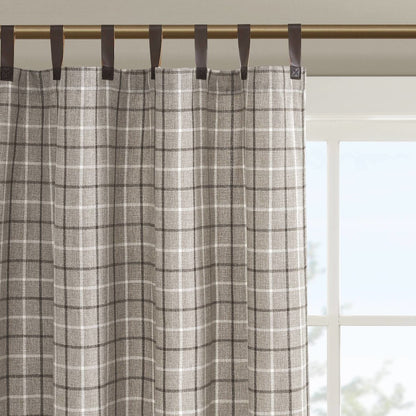 Plaid Faux Leather Tab Top Curtain Panel with Fleece Lining