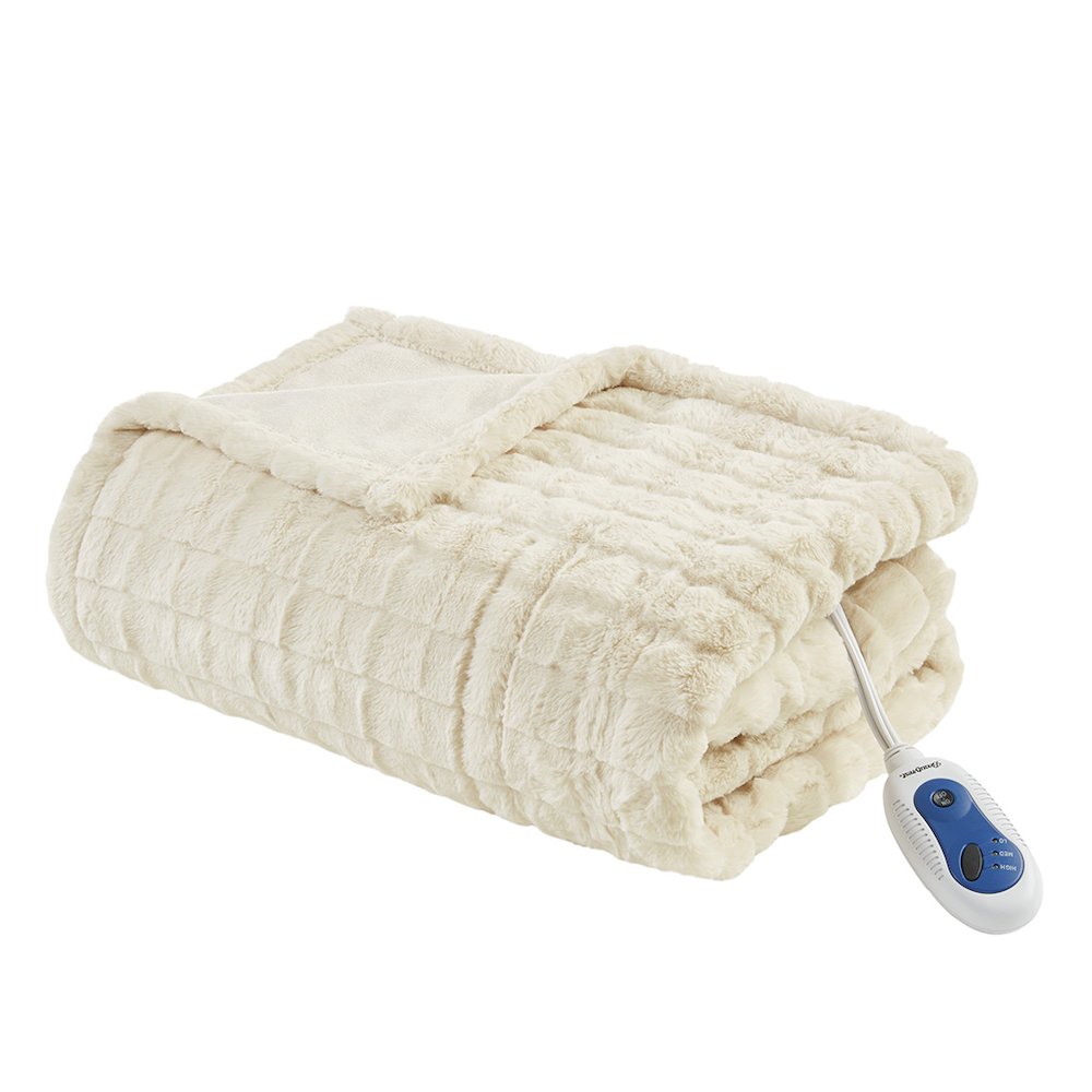 Zuri Oversized Faux Fur Heated Throw in Ivory Texture