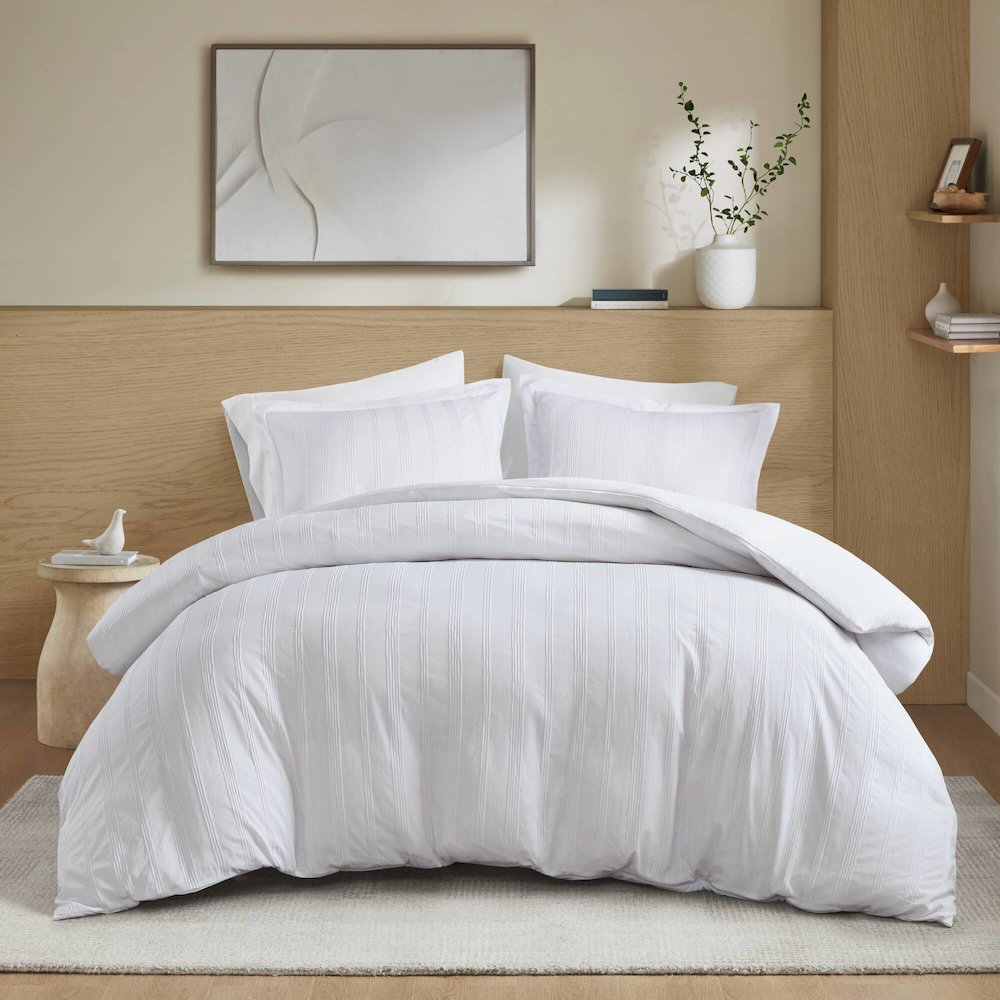 Logan Woven Striped Duvet Set, White color