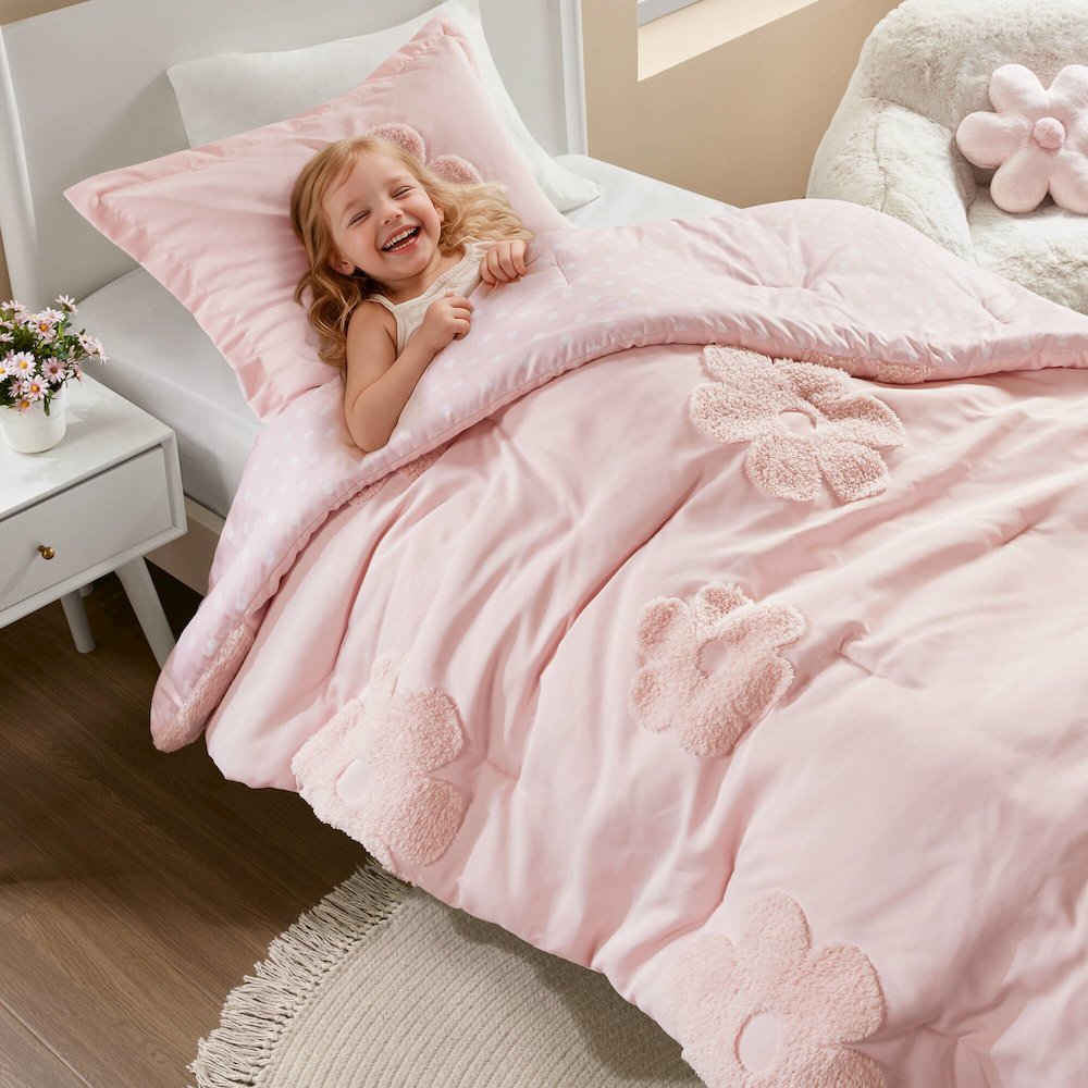Floral Reversible Tufted Chenille Comforter Set with Flower Throw Pillow