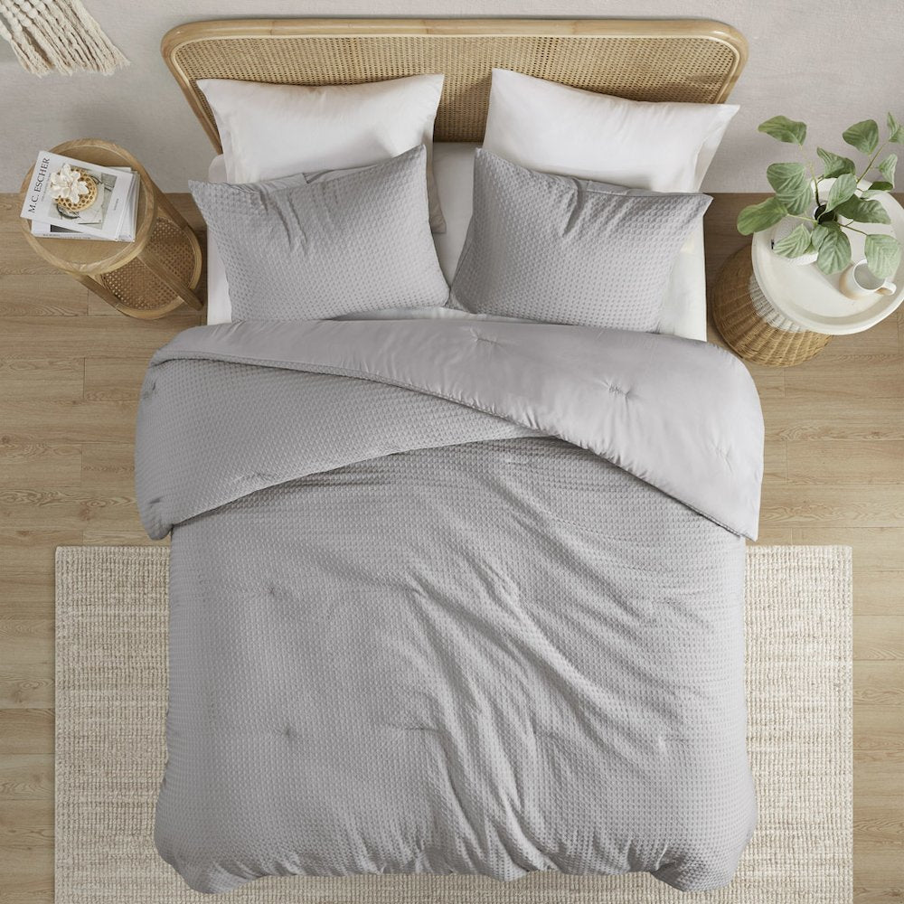 Mina Waffle Weave Textured Duvet Cover Set, Light Grey color