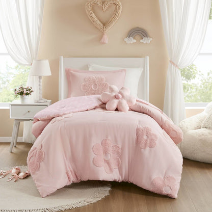 Floral Reversible Tufted Chenille Comforter Set with Flower Throw Pillow