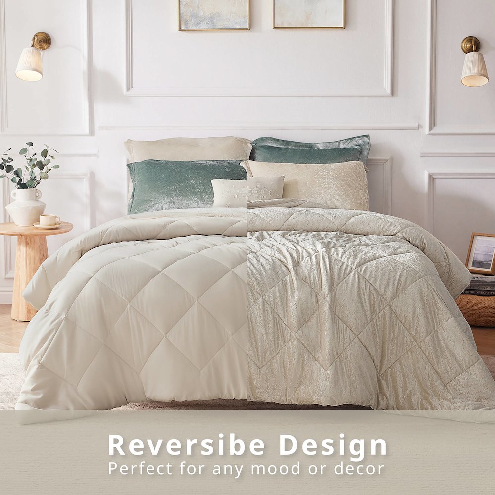 Felicia Velvet Comforter Set with Throw Pillow in Champagne Color