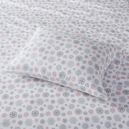 Cozy Flannel Printed Sheet Set, Pink/Grey Snowflakes color