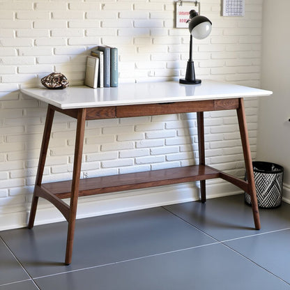 White Office Table – 24 Inch Minimalist Desk with MDF Top and Shelf