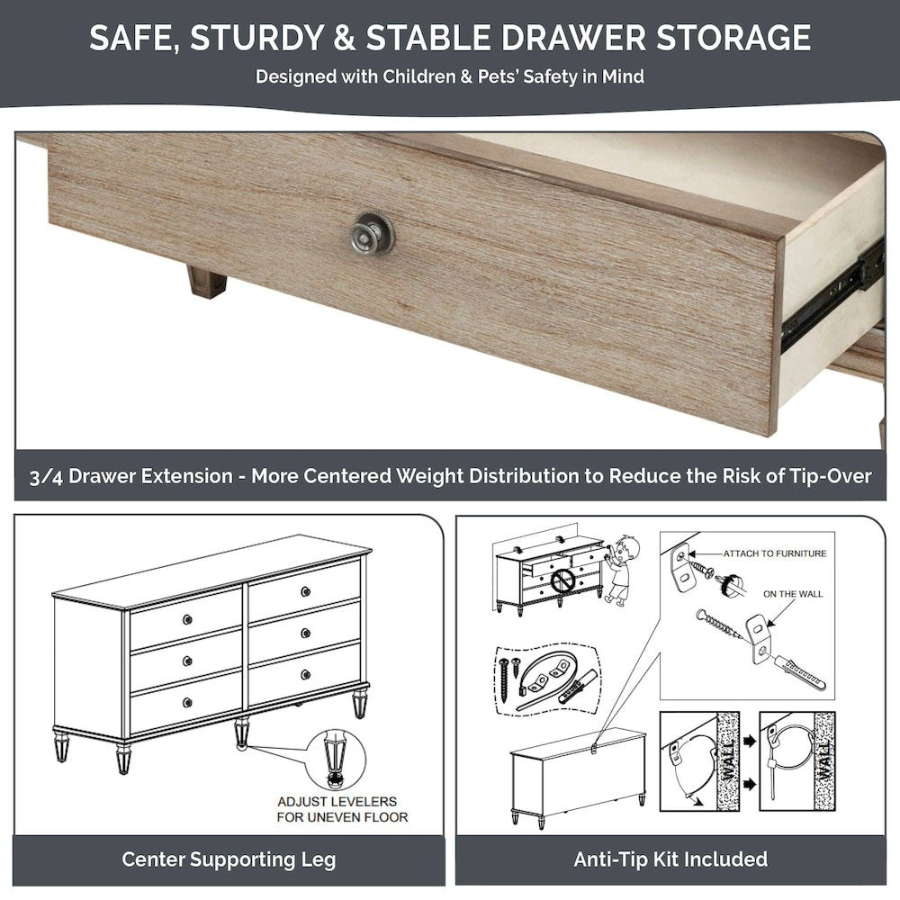 Victoria 6-drawer wood dresser (70"), Reclaimed Grey color