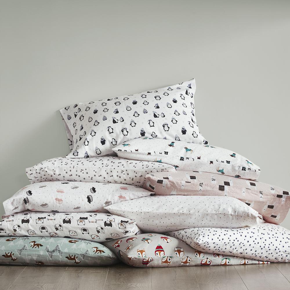 Cozy Soft Cotton Flannel Printed Sheet Set, Teal Dogs color
