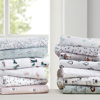 Cozy Soft Cotton Flannel Printed Sheet Set, Teal Dogs color