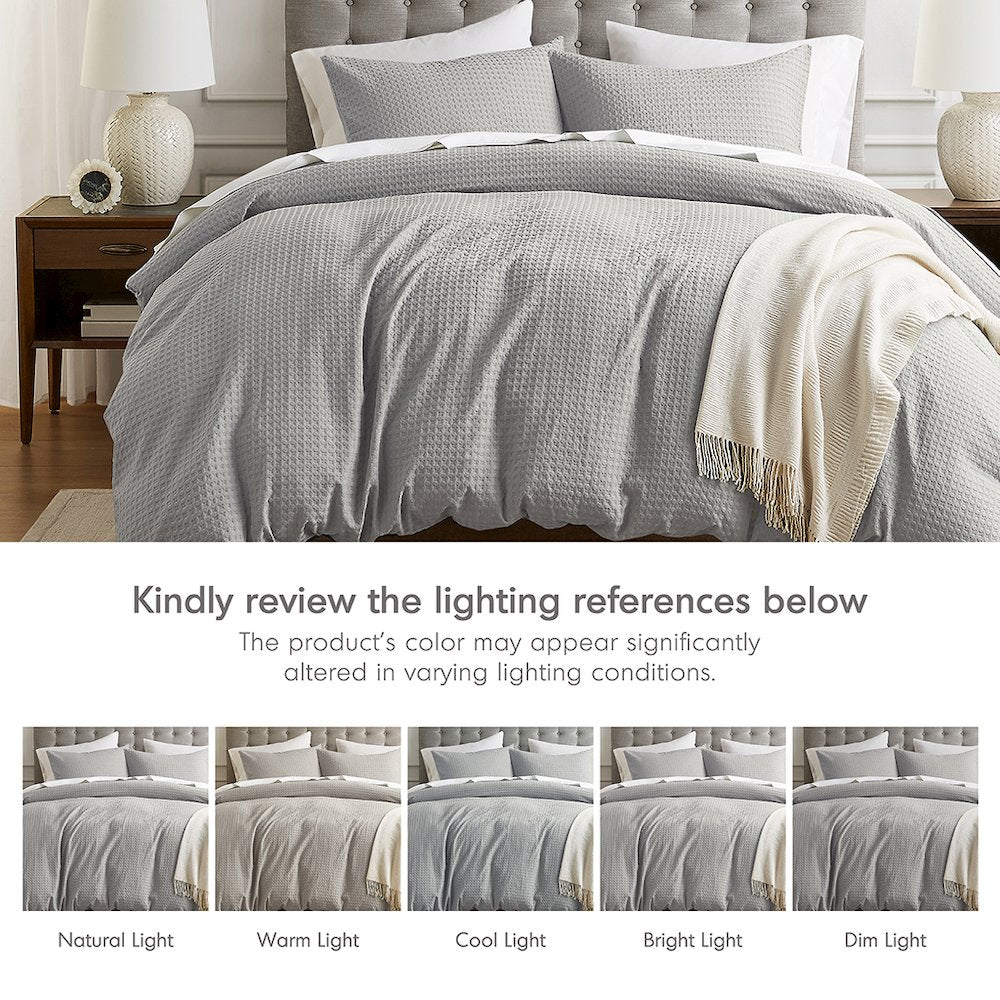 Mina Waffle Weave Textured Duvet Cover Set, Light Grey color