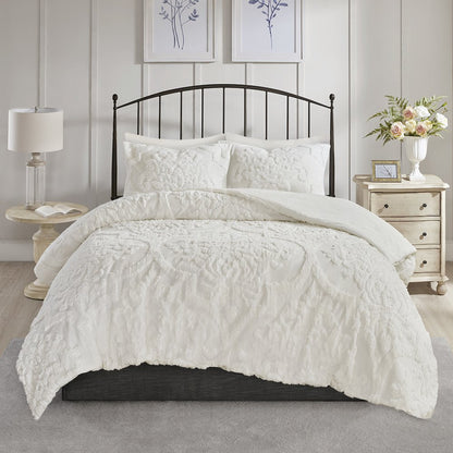 Viola 3 Piece Tufted Cotton Chenille Damask Comforter Set