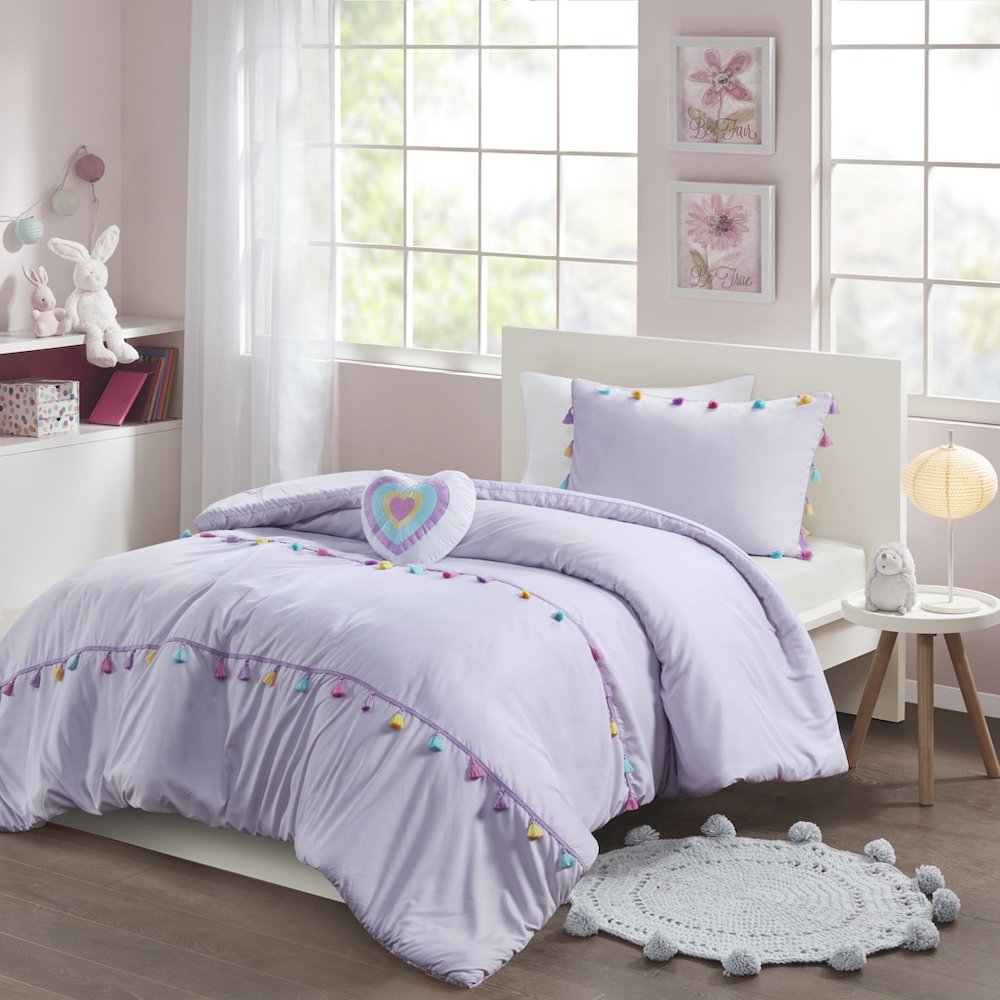 Tessa Tassel Comforter Set with Heart Shaped Throw Pillow in Lavender Color