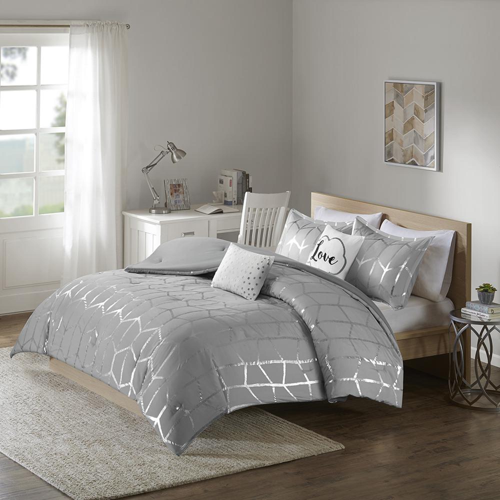Raina Metallic Printed Comforter Set, Grey/Silver color