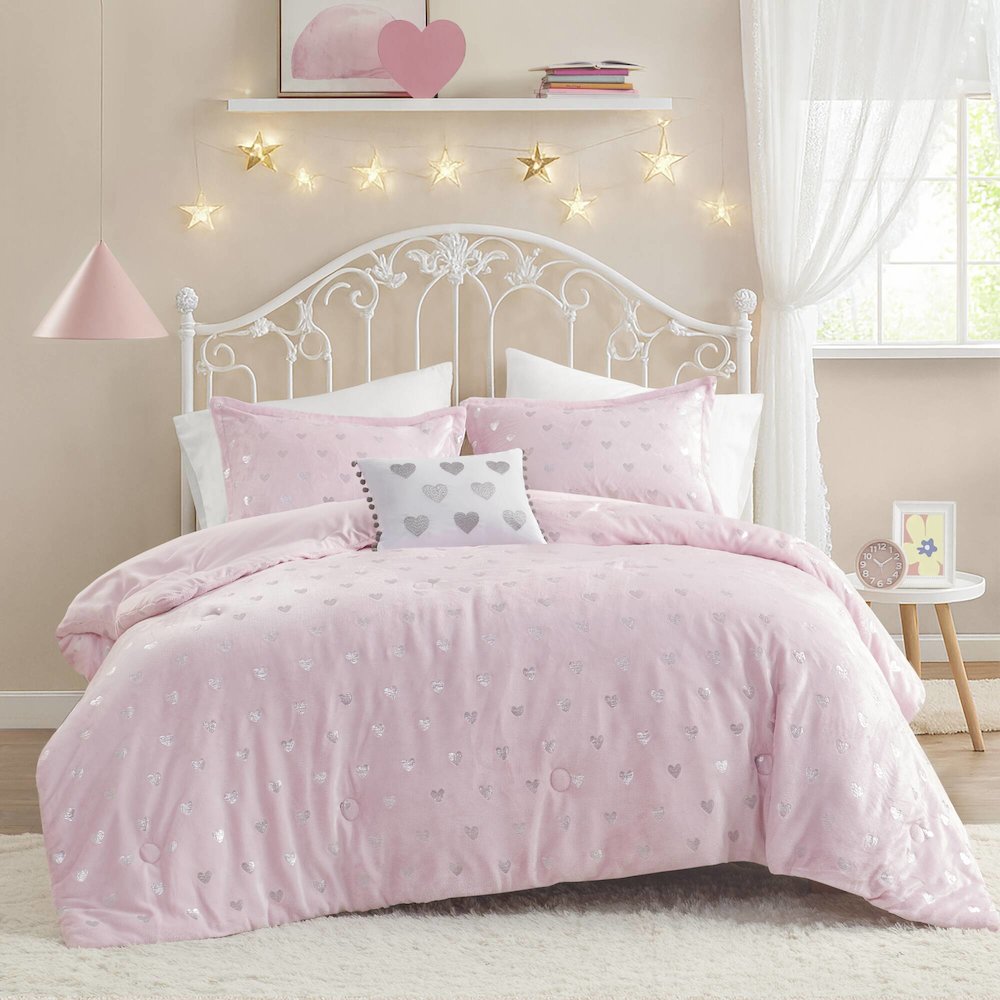 Rosalie Metallic Printed Plush Comforter Set with Throw Pillow