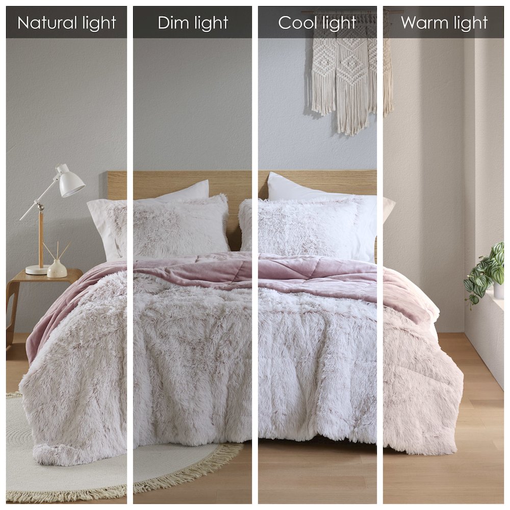 Malea Shaggy Faux Fur Comforter Mini Set in Pink/White Color
