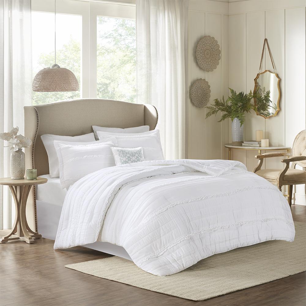 Celeste 5 Piece Microfiber Ruffled Comforter Set, White color