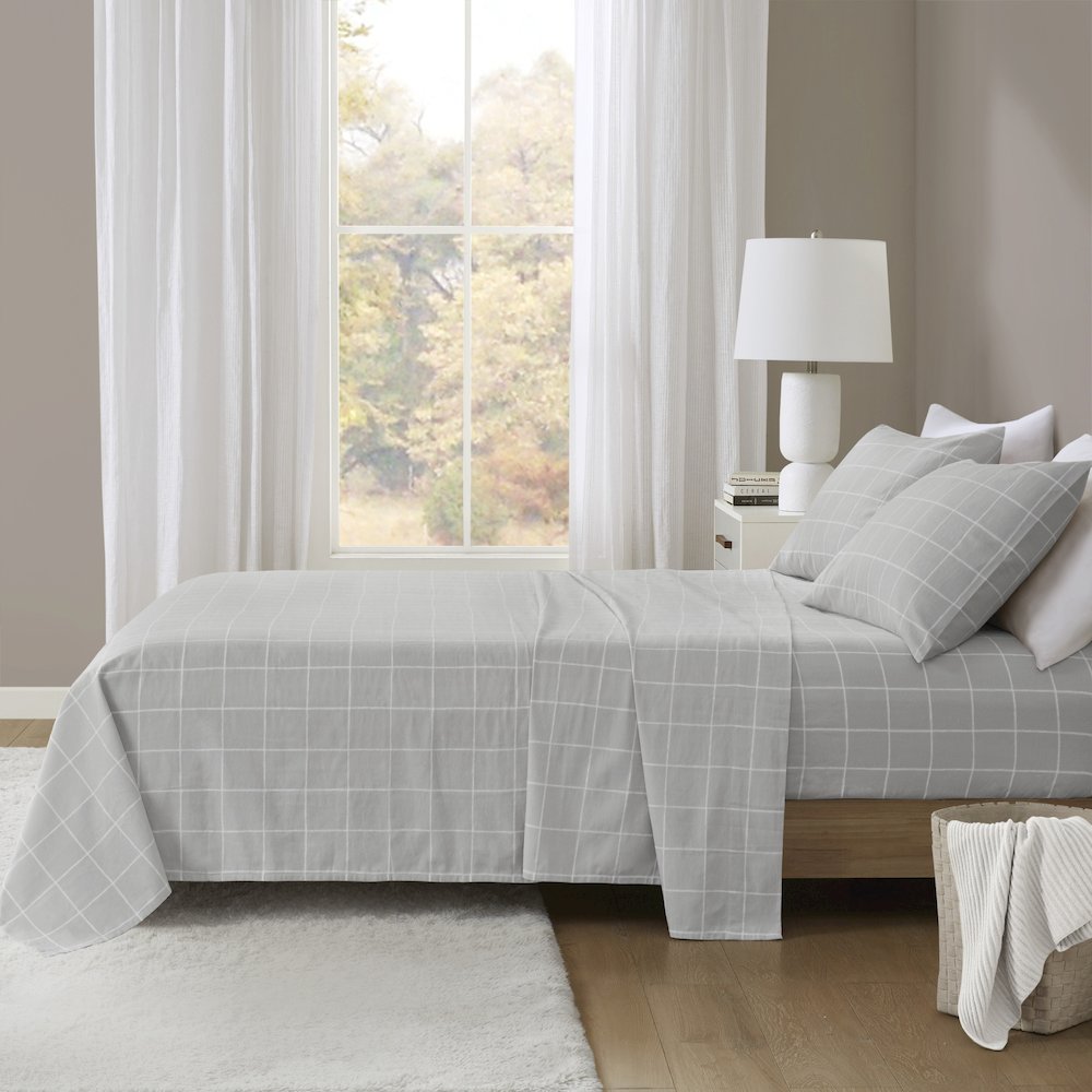 Cozy Flannel 100% Cotton Flannel Printed Sheet Set, Grey Windowpane color