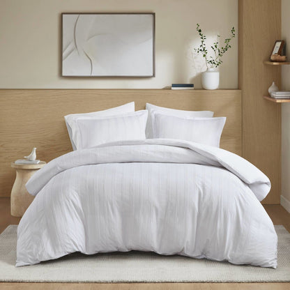 Logan Woven Striped Duvet Set, White color