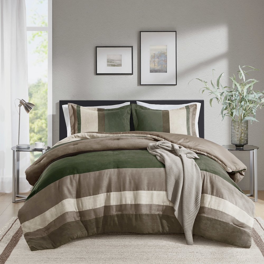Boulder Stripe Pieced Faux Suede Comforter Set, Green color
