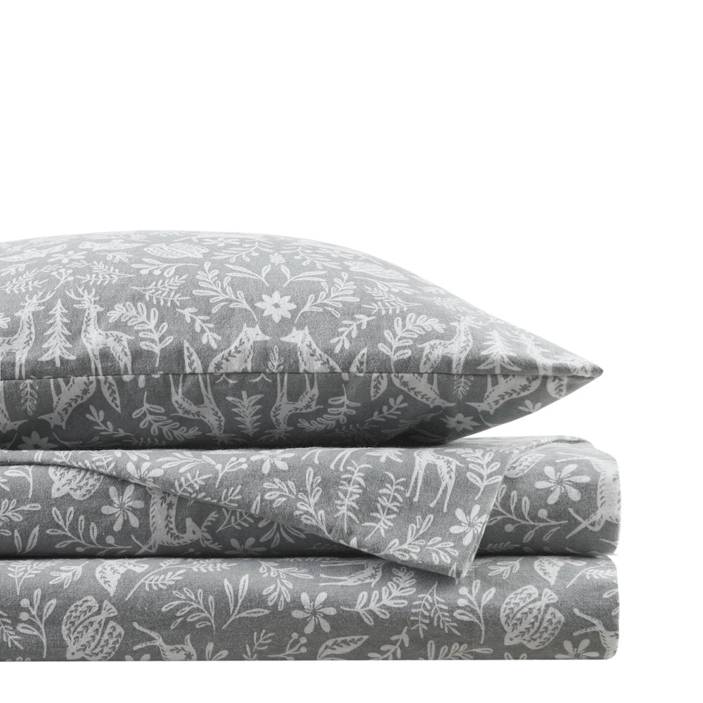 Cozy Flannel 100% Cotton Flannel Printed Sheet Set, Sage Winter Fauna color