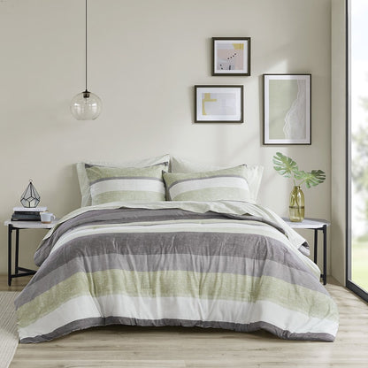 Jaxon Stripe Comforter Set with Bed Sheets, Green/Grey color