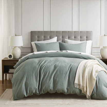 Mina Waffle Weave Textured Duvet Cover Set, Sage Green color