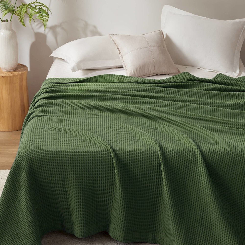 Waffle Weave Cotton Blanket, Olive Green color