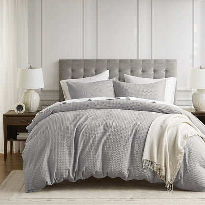 Mina Waffle Weave Textured Duvet Cover Set, Light Grey color