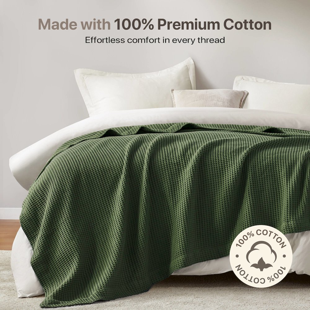 Waffle Weave Cotton Blanket, Olive Green color