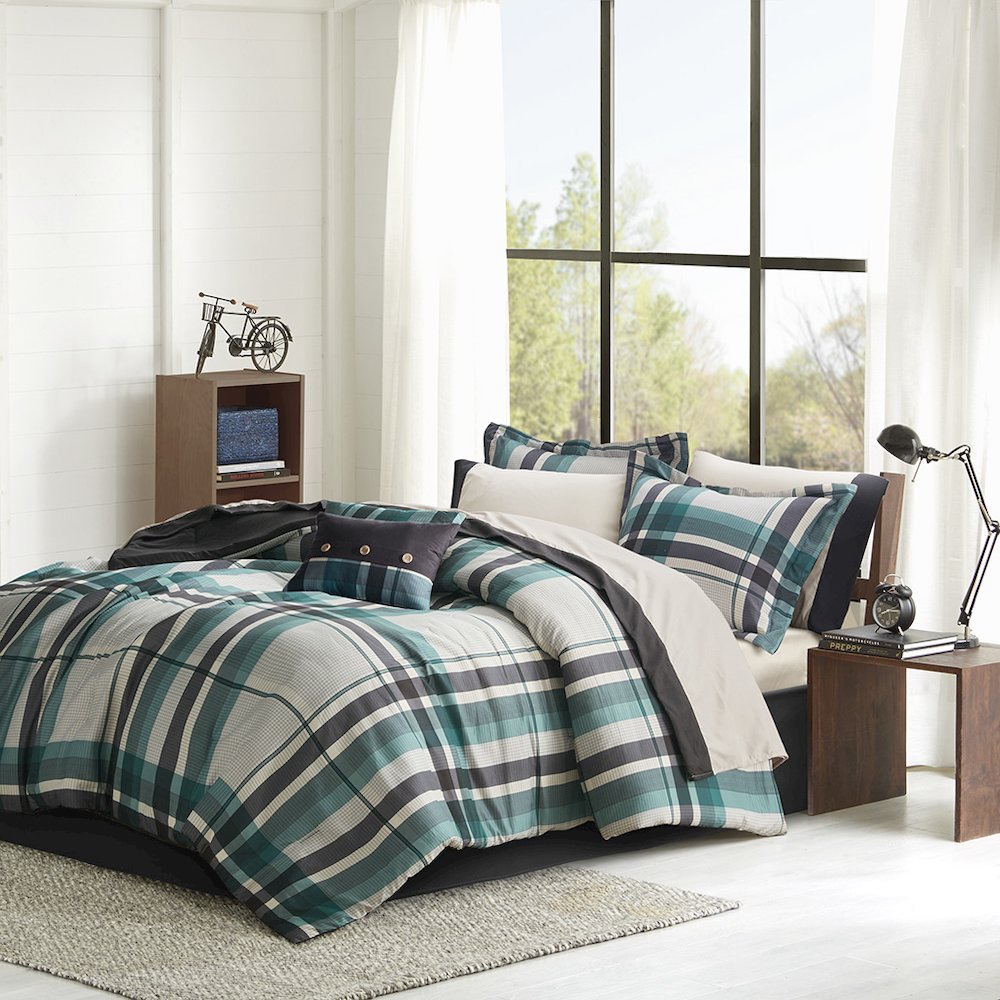 Robbie Plaid Comforter Set with Bed Sheets in Teal/Black Color
