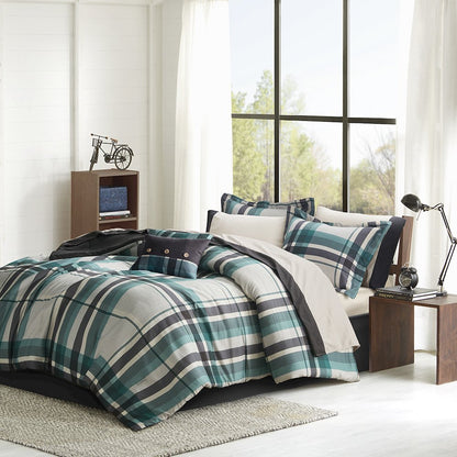 Robbie Plaid Comforter Set with Bed Sheets in Teal/Black Color