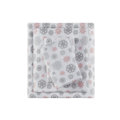 Cozy Flannel Printed Sheet Set, Pink/Grey Snowflakes color
