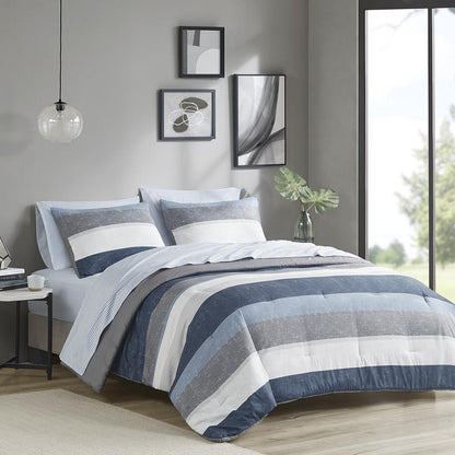 Jaxon Stripe Comforter Set with Bed Sheets, Blue/Grey color
