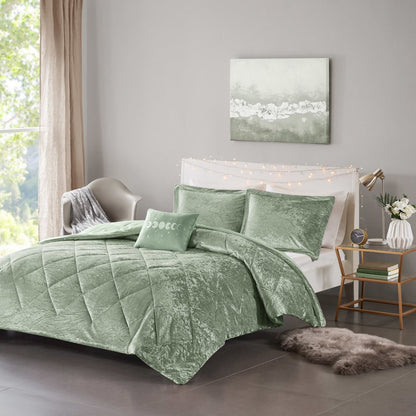 Felicia Velvet Comforter Set with Throw Pillow in Green Color