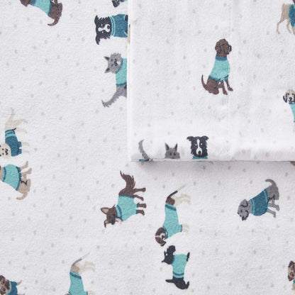 Cozy Soft Cotton Flannel Printed Sheet Set, Teal Dogs color