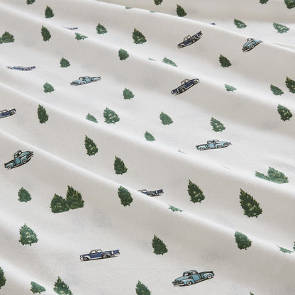 Cotton Flannel Sheet Set in Green Trees & Trucks