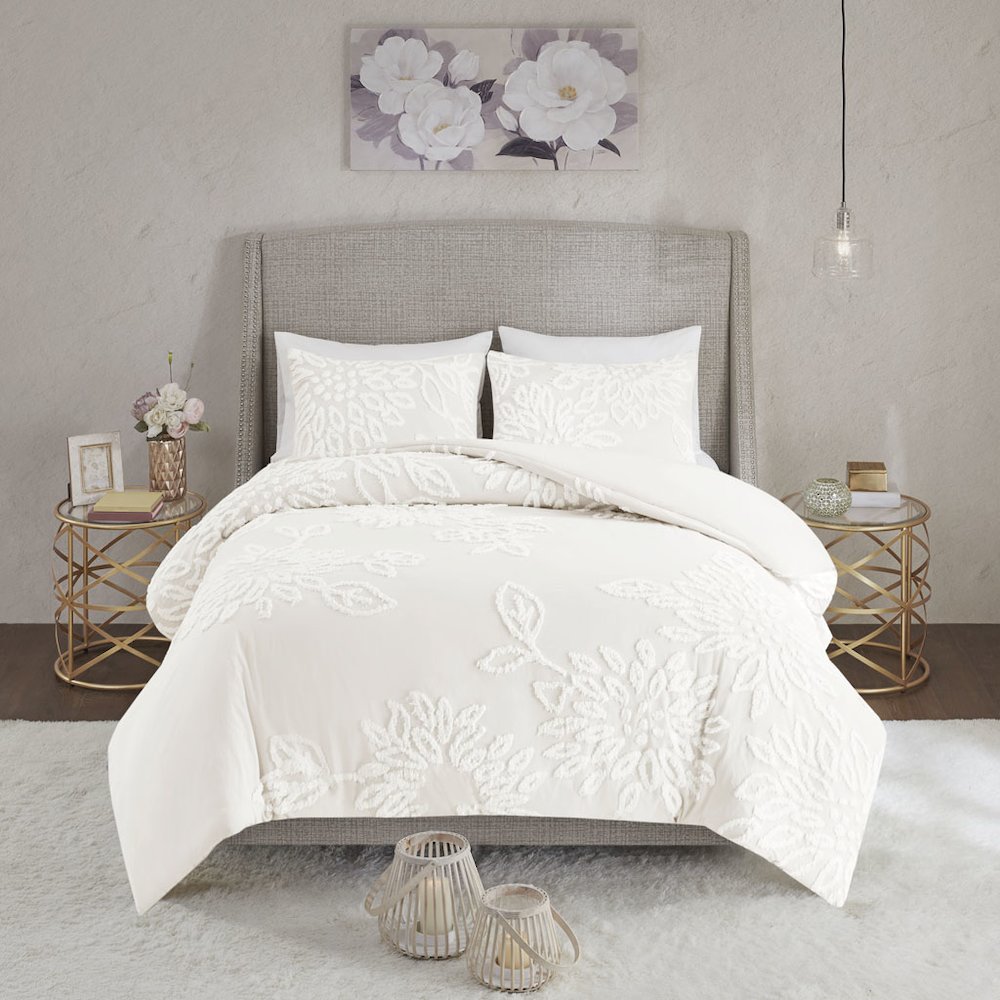 3 Piece Tufted Cotton Chenille Floral Duvet Cover Set