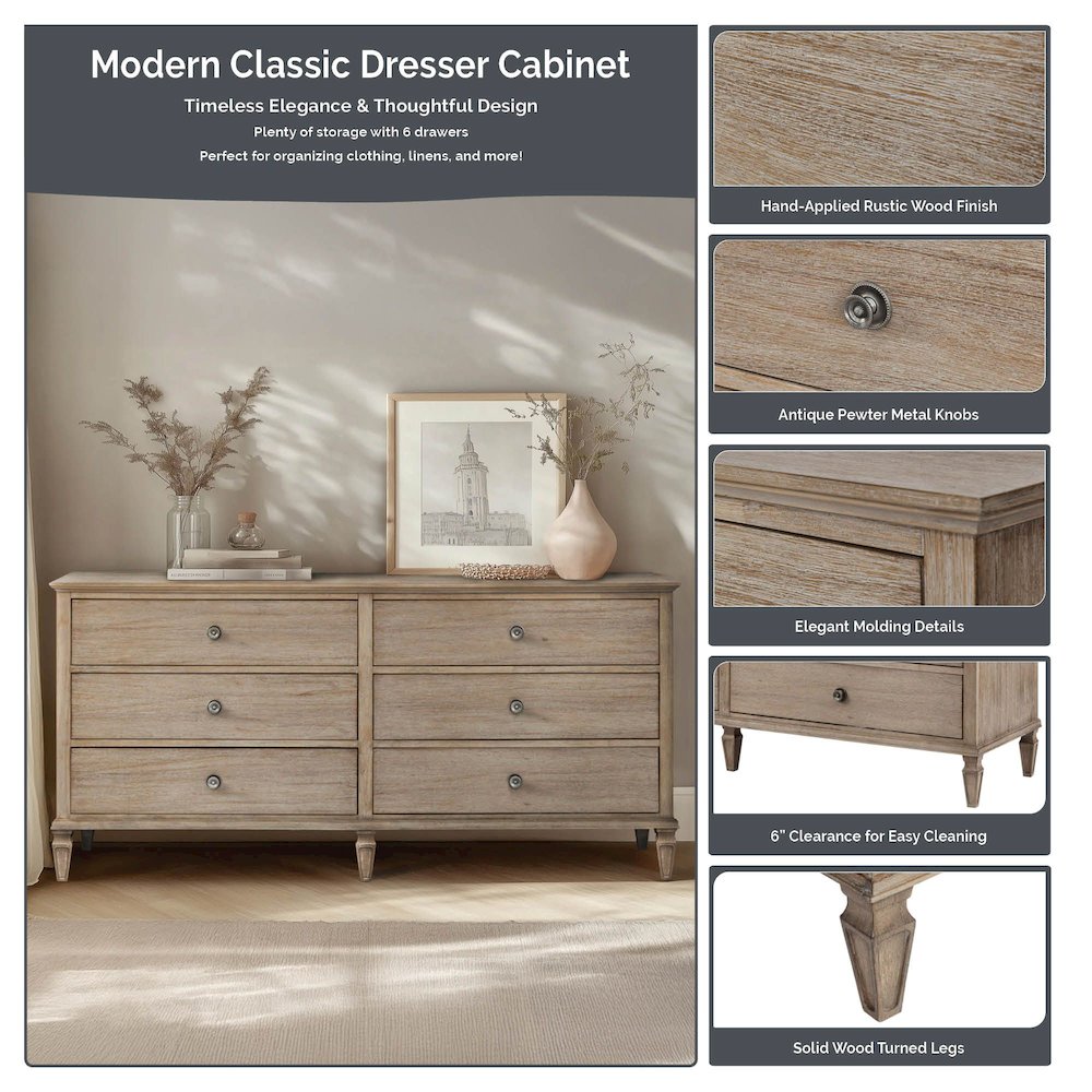 Victoria 6-drawer wood dresser (70"), Antique Brown color