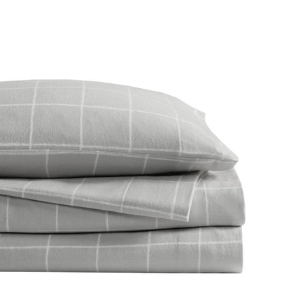 Cozy Flannel 100% Cotton Flannel Printed Sheet Set, Grey Windowpane color
