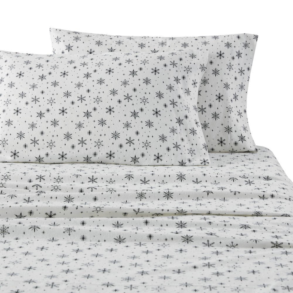 Cozy Flannel 100% Cotton Flannel Printed Sheet Set, Black Snowflakes color