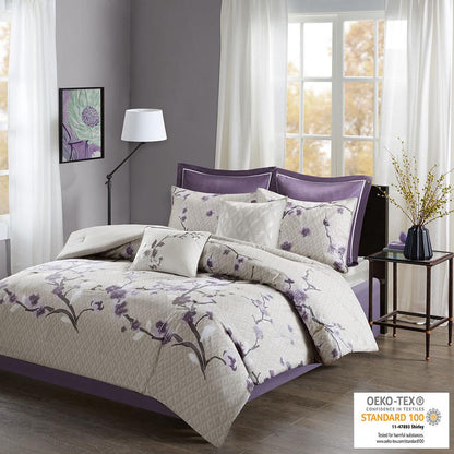 Holly 8 Piece Cotton Comforter Set, Purple/Taupe color