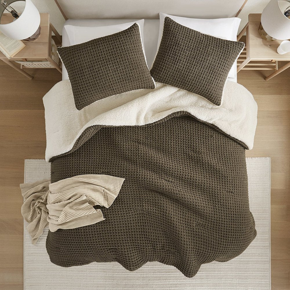 Riordan Waffle Knit Chenille Comforter Set in Brown Color