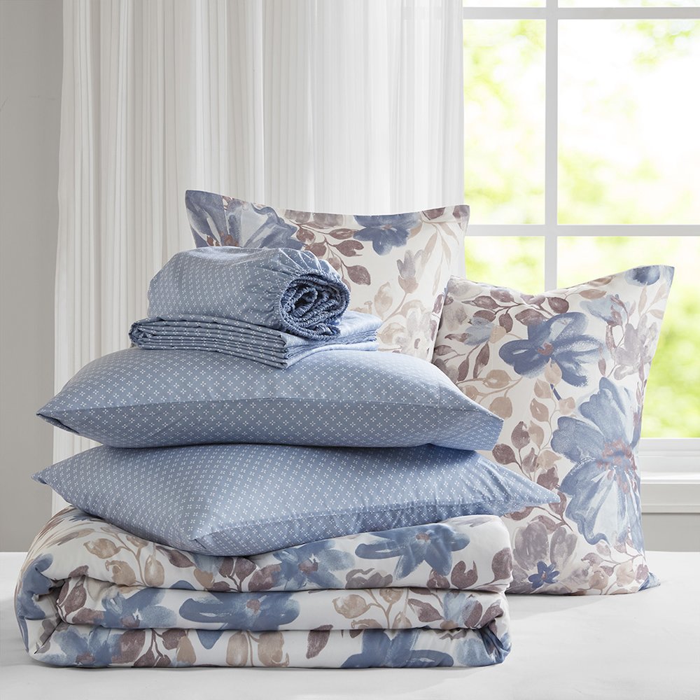 Luna Floral Comforter Set with Bed Sheets, Blue color