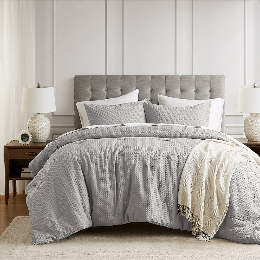 Mina Waffle Weave Textured Comforter Set, Light Grey color