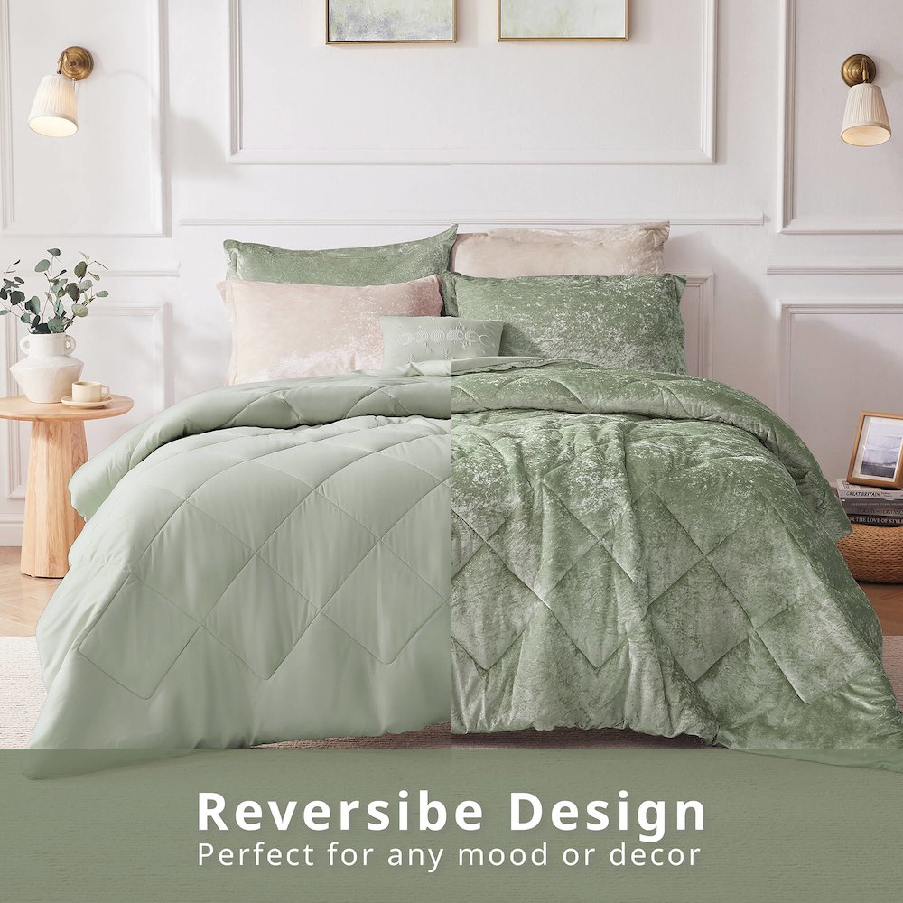 Felicia Velvet Comforter Set with Throw Pillow in Green Color
